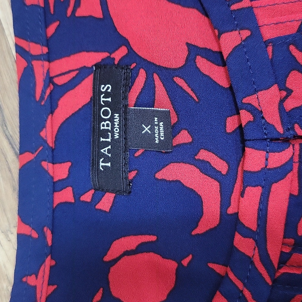 TALBOT'S Blue Red Floral Pintuck Front Keyhole Neckline Long Sleeve Blouse - Picture 6 of 11